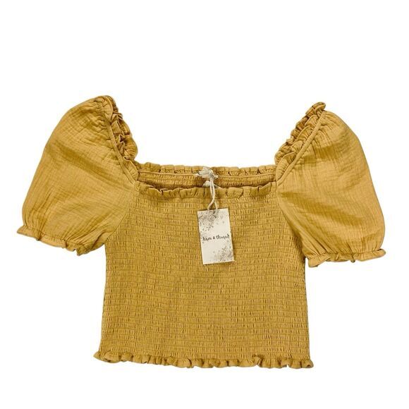 Hem & Thread Puff Sleeve Smocked Crop Top M Yellow Hippie Boho Summer Blouse New - Picture 1 of 11